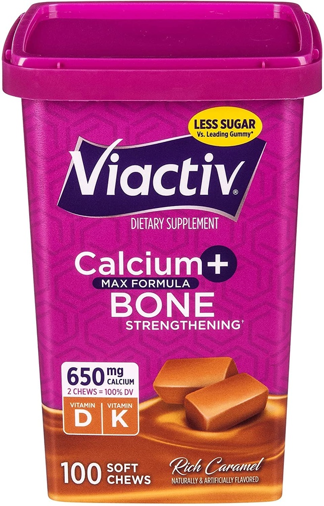 Viactiv Max Formula Kalsium + Vitamin D3 Tambahan untuk Bone Health, Karamel Kaya, 100 Soft Chews - 5 Pack