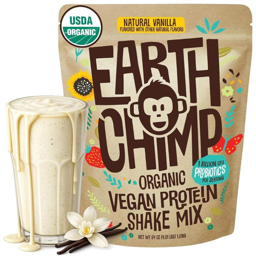EarthChimp Organic Vegan Powder - dengan Prograsi- Non GMO, Dairy Free, Non Whey, Tanaman berbasis Protein Poader untuk Perempuan dan Pria, Gluten Free - 52 pelayan 64 Oz (vanilla)