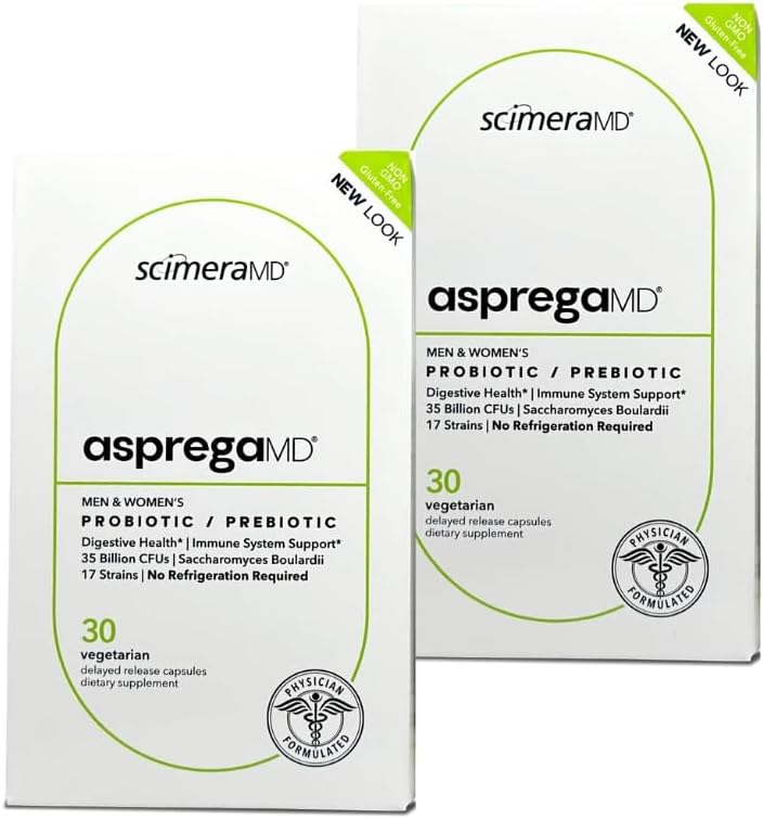 Asprega 30CT - Probiotic + Prebiotic Supplement: 124; 17 Strains, 35 Milyar CFU 14; Ditunda Rilis 124; Saccharomyces Boulardii 124; karena Pria & Women & Women 124; oleh ScromD, 2- Pack