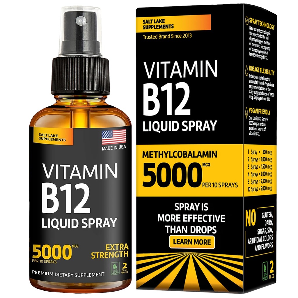 Vitamin B12 Sublingual Spray 5000 mcg - Vegan Methylcobalamin B12 Boost Energy, Mood & Brain Health - Bebas, Non-GMO B12 Spray untuk Pria & Women - Easy Dosage (5000 mcg in 10 Spray)