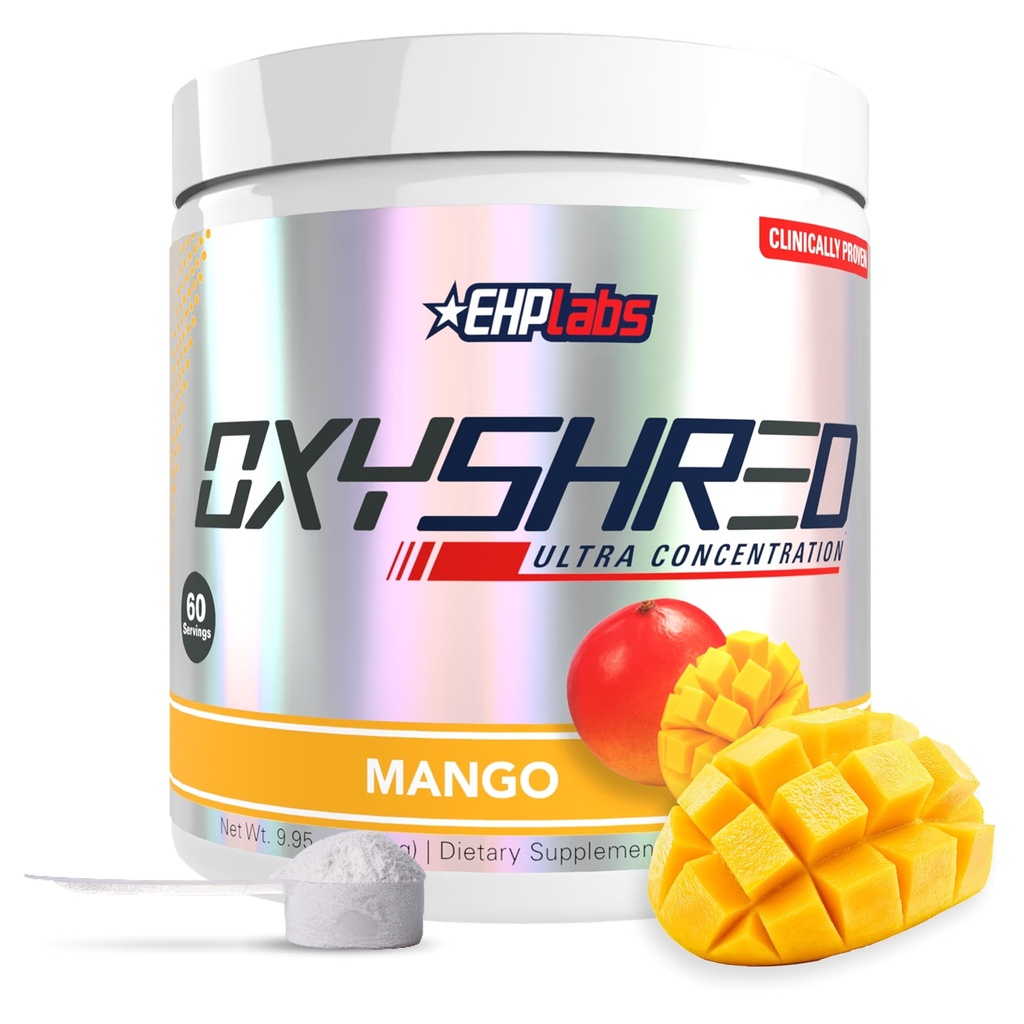 Powder Pre Workout EHP Labs OxyShred - Powder pretraining dengan L Glutamine & Acetyl Carnitine, Minuman Boost Energi - Mango, 60 Servings
