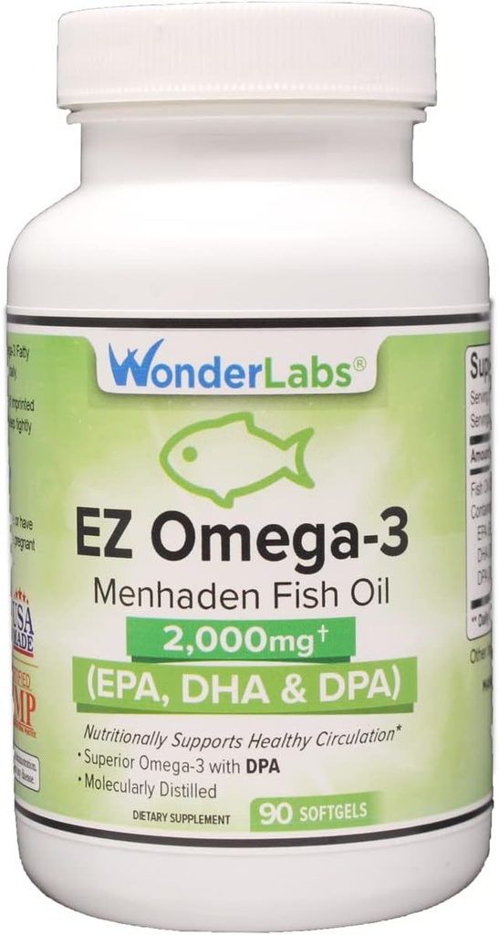 Atlantic Menhaden Fish Oil Omega -3 2000 mg, Burpless, Made in The USA, Keseimbangan Sempurna EPA + DHA + DPA 90 Softgels