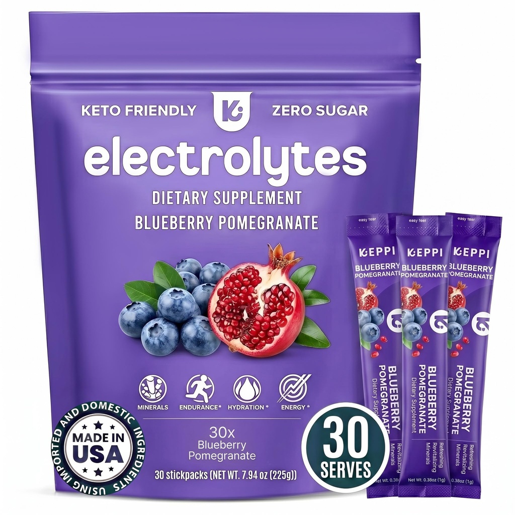 Kippi Electrolytes Powder Pawder - Blueberry Paxements 30 - Tidak ada Suplemen Gula Hidration dengan Potasium, Magnesium, Sodium - Keto, Vegan, Fatring- Friendly, Paket Hidration Zero Calorie
