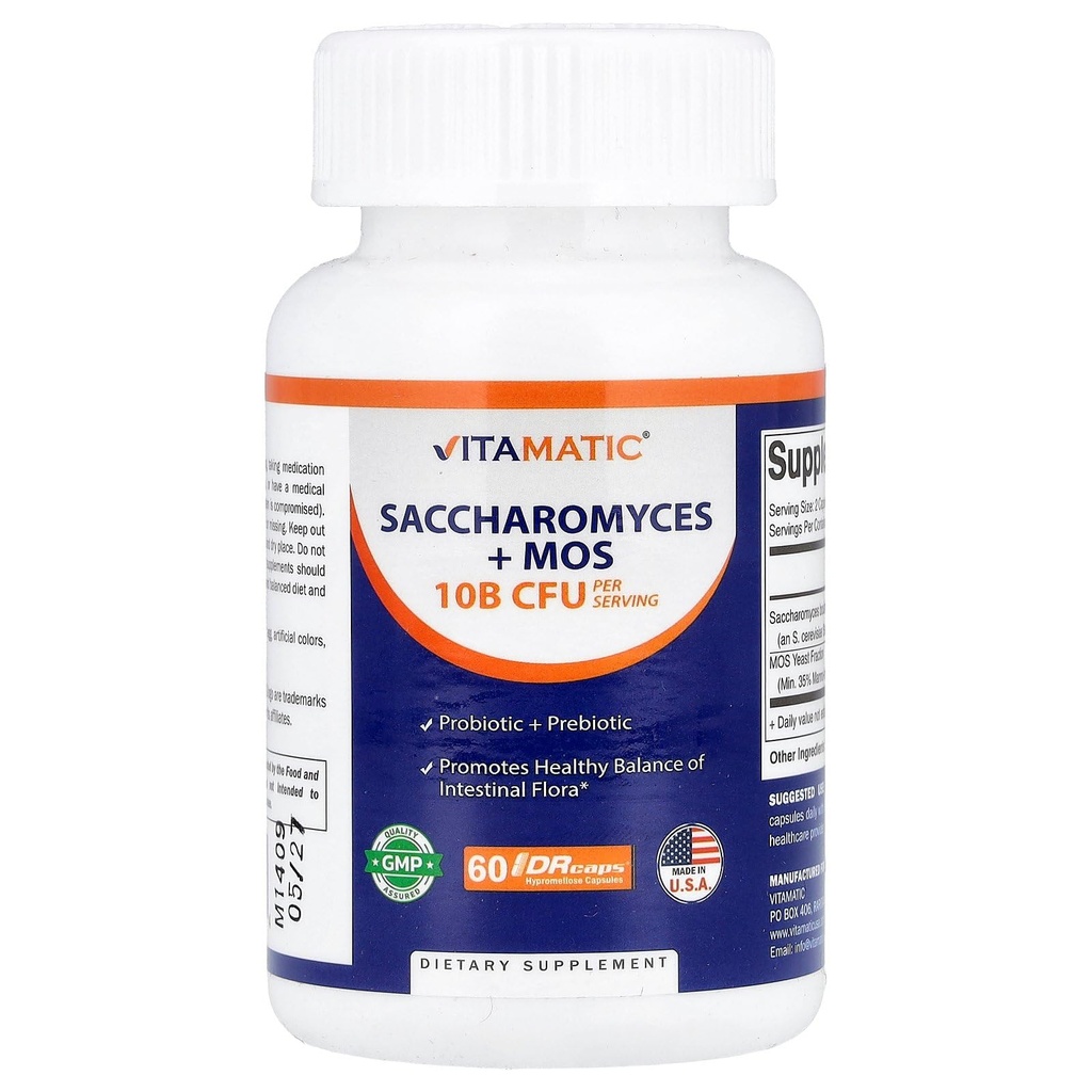 Vitamatic Saccharomyces Boulardii Probiotic 10B per Serving + Yeast Extract (MOS Yast Fraction) 300 mg - 60 DR Capsules - Made in The USA