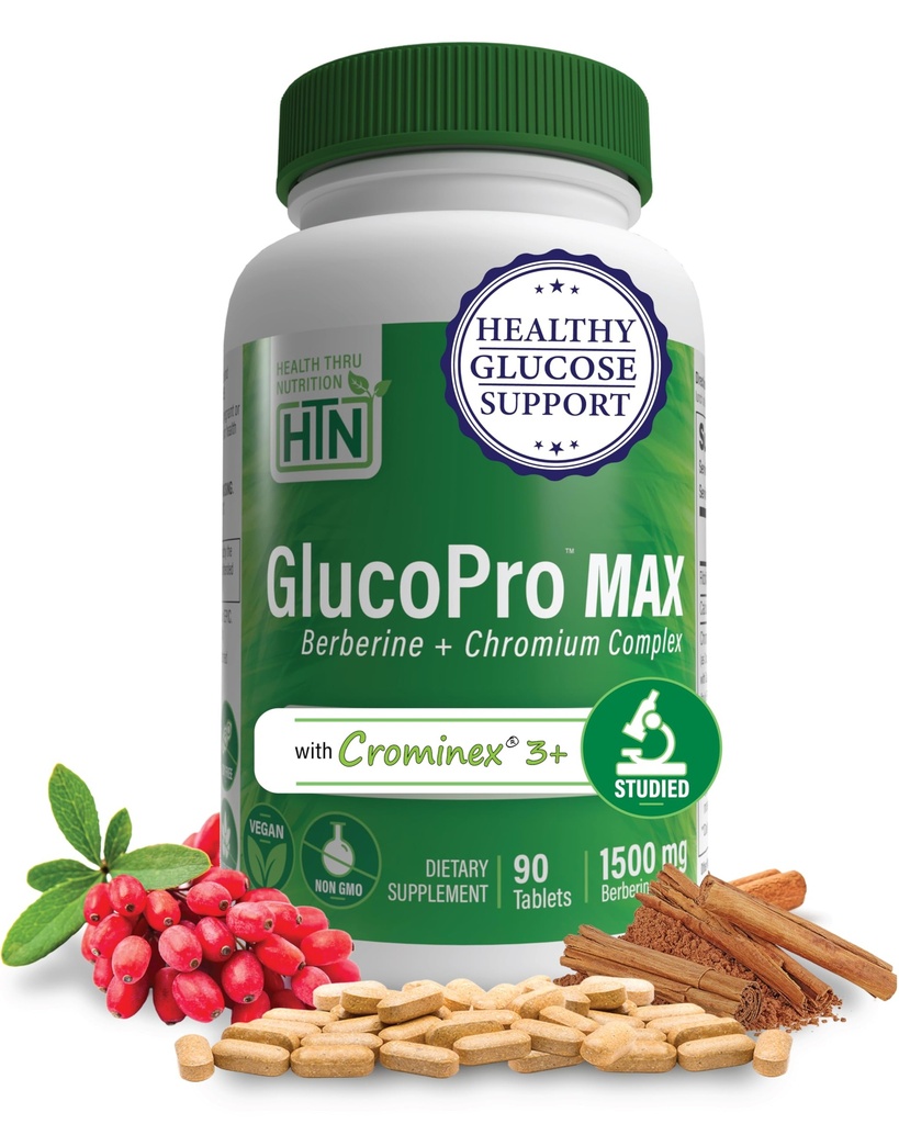 Health Thru Nutrition GlucoPro Max - dengan 1.500mg Berberine, Chrominex + Chromium, dan 1.000mg Cinnamon 124; Vegan, Non- GMO, Gluten Free 124; Kemasan 90