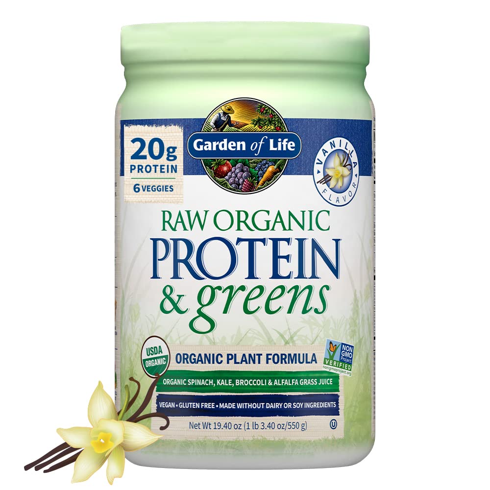 Garden of Life Raw Organic Protein & Greens Vanilla - Vegan Protein Powder for Women, Plant and Pea Protein, Greens & Progities, Gluten Free Low Carb Shake Made Without Dairy 20 Servings