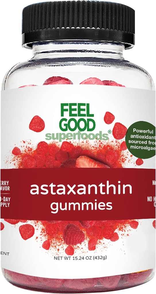 FeelGood Superfood Astaxanthin Suplemen, 6g Antioxidant Gummies for Skin and Eye Health, Berry Flavor, Vegan, Non- GMO, 60 Count