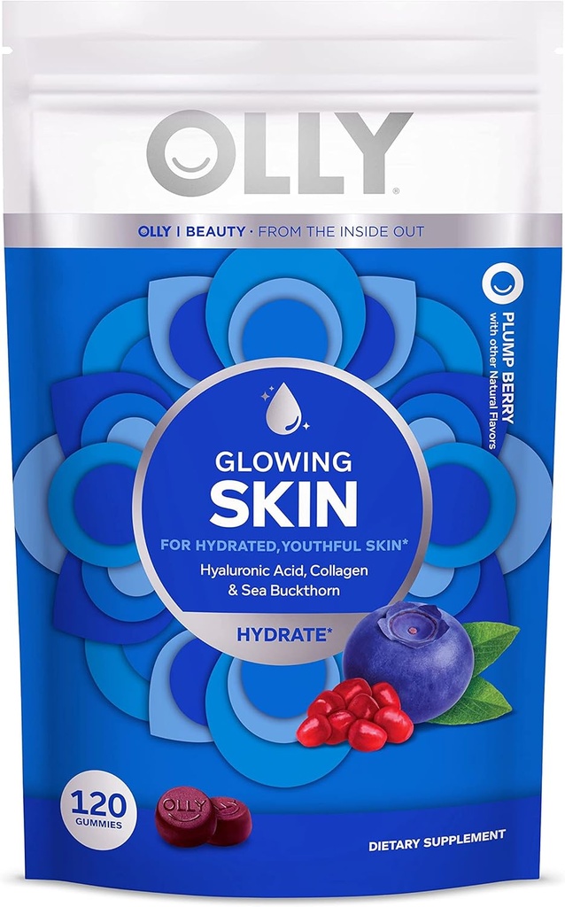 OLLY Glowing Skin Collagen Gummy, Hidrated, Skin muda, Acid Hayalanic, Sea Buckthorn, Suplemen Chewable, Berry, Supply 60 Hari - 120 Count Pock (Paket 6)