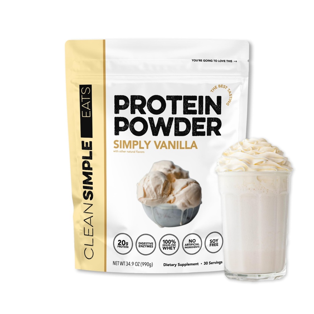 Clean Simple Eats Whey Protein Powder, Just Vanilla Flavor Alami Sweetened, 100% Grass Fed Protein Powder with Digetical Enzymes & No Artificial Ingrediens, Gluten Free, 30 Servings