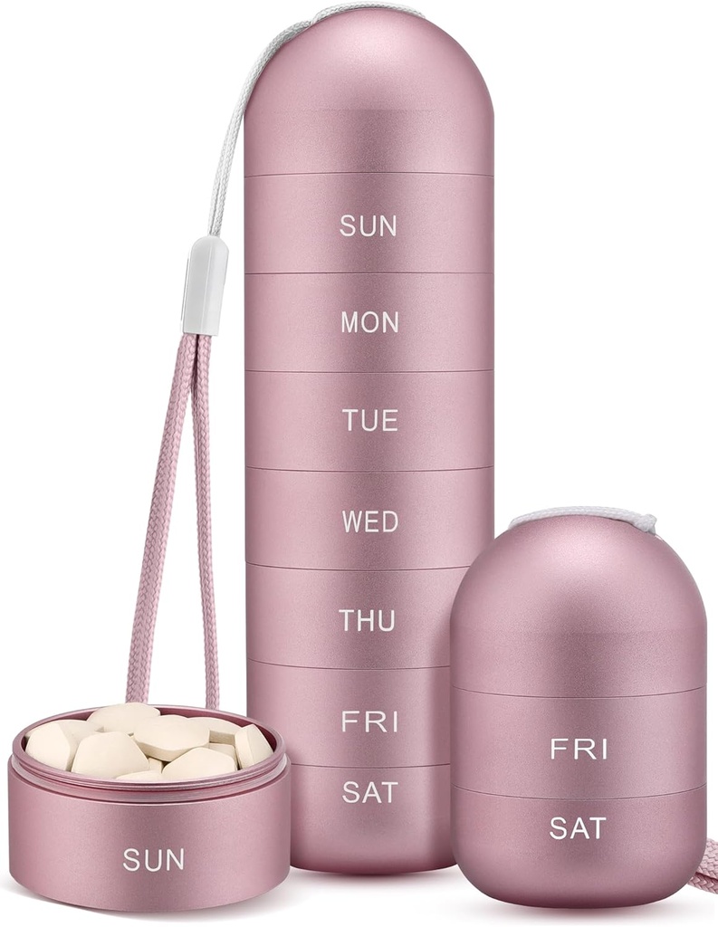 Zannaki Metal Moisance Membuktikan Weekly Pill Organizer, Stackable Aluminum Obvoy BPA Free Travel Heking 7 Day Pill Box Case Waterproof and Large Comment to Hold Pills, Vitamin, Fish Oil, Suplemen