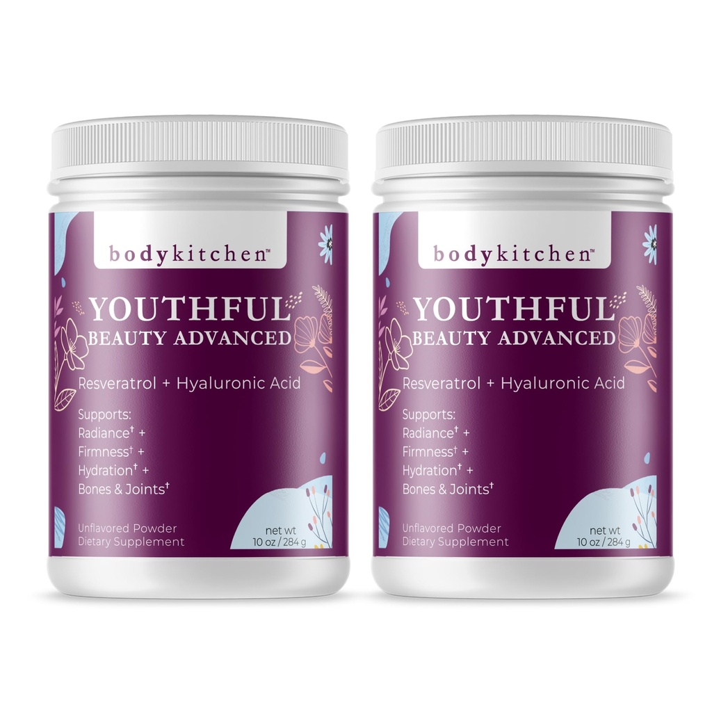 Body Kitchen Youthful Beauty Advanced, Collagen Peptides Powder for Beautiful Hair Skin Nails, Resveratrol and Hyaluronic Acid for Anti- Aging & Antioksidant Support, Grass Fed (Kumpulan 2)
