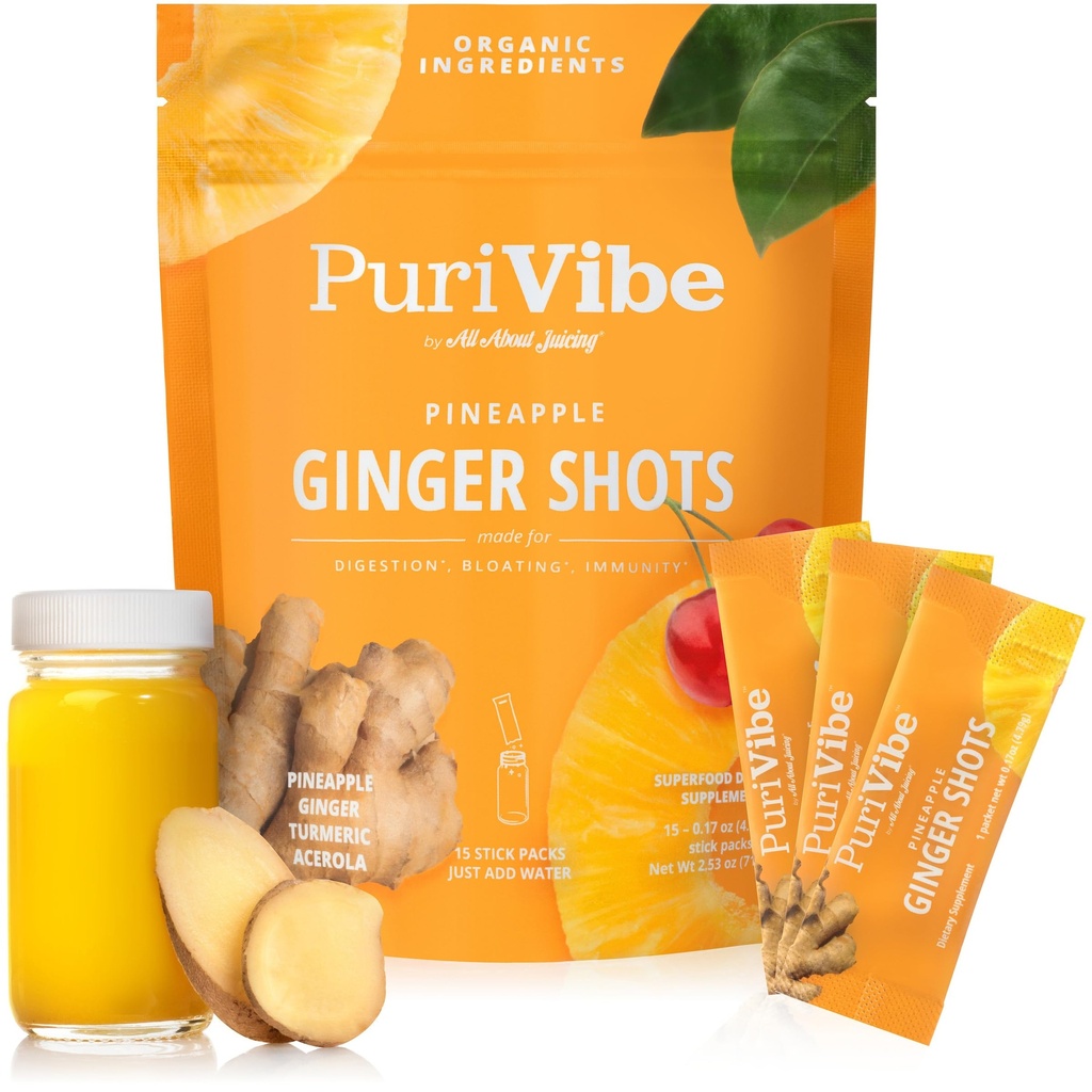 Semua tentang Juicing Ginger Shots with Pineapple & Turmeric - Superfood Juice Powder - Imuniunity, Ditraffic & Energy Ducks - 15 Wellness Stick Packs - PuriVibe