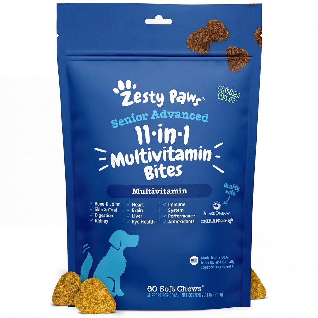 Zesty Paws Senior Dog Multivitamin Treats - Glucosamine for Dogs + Digetical Enzymes & Progories - Grain Free Dog Vitamin dan Suplemen untuk Skin & Coat + Ammune Health Chicken - Advanced - 60ct