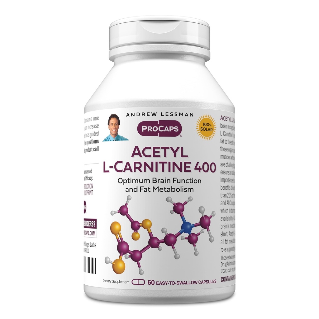 ANDREW LESSMAN Acetyl L- Carnitine 400 mg - 60 Kapsul - Dukungan untuk Sistem Gugup, Fat dan Energy Metabolisme, Fungsi Otak Sehat, Darah Sehat Flow ke Otak. Easy-- Swallow Kapsul.