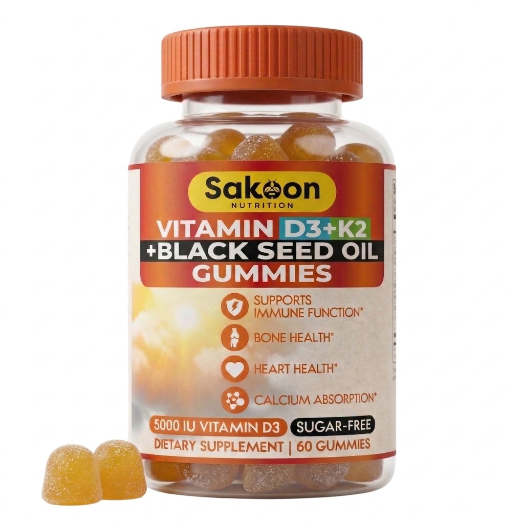 Sakoon nutrisi 5000 IU Vitamin D3 K2 Tambahan dengan Benih Hitam Minyak untuk Tulang, Gigi, Otot, dan Dukungan Pertahanan Imune, Non-GMO dan Gluten Bebas, 60 Gummy Chewables