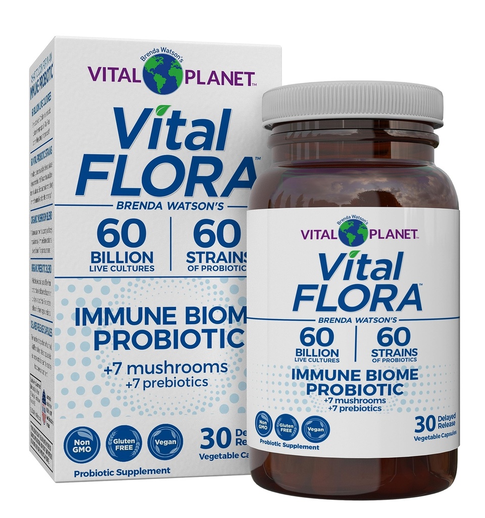 Planet Vital - Vital Flora Ammune Dukung Probiotik, 60 Milyar CFU, Strains Diverse, Mushroom Organic Blend with Pregrency, Digetical Health Progories for Women and Men 30 Capsules