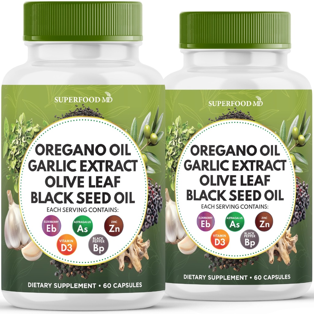 Oil Oregano, Ekstrak Bawang Bawang Putih, Olive Leaf, Minyak Benih Hitam, Astragalus-- Dukungan kekebalan tubuh & Digetical Health Suplemen untuk Perempuan dan Men- 120 Cacah