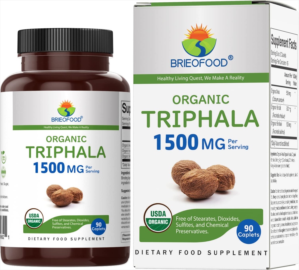 Brieofood Organic Triphala 1500mg, 45 Hamba, Vegetarian, Gluten Free, 90 tablet Vegetarian