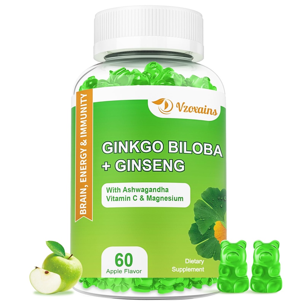 240 MG Ginkgo Biloba dengan Ginseng dan Magnesium, Ginko Biloba Suplemen Gummies untuk Otak Fokus, Mood dan Memori untuk Dewasa, 60 Cts