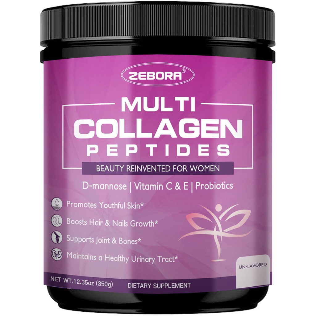 ZEBORA Multi Collagen Peptides Powder for Women - Collagen Collagen Peptides Peptides with D-Mannose & Women 's Progories - Support Skin, Hair, Nails, and Urinary Tract Health, Unflashing, 35 Servings
