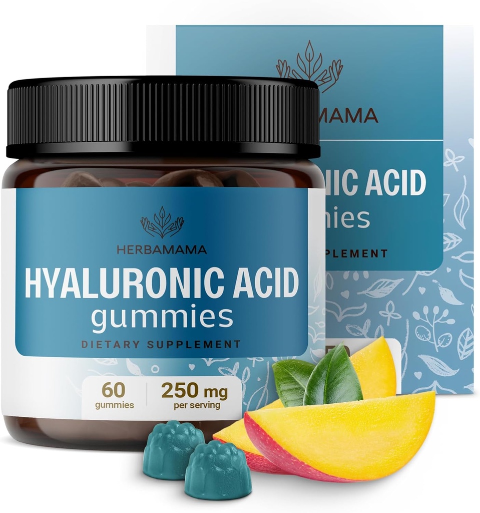 HERBAMAMA Hyaluronic Acid Gummies - 250mg Pure Hyaluronic Acid for Hair, Skin & Nails Dukungan - Vegan, Non-GMO Skin Elasticity Suplemen - 60 Pectin- berbasis Mango - Flavored Chews