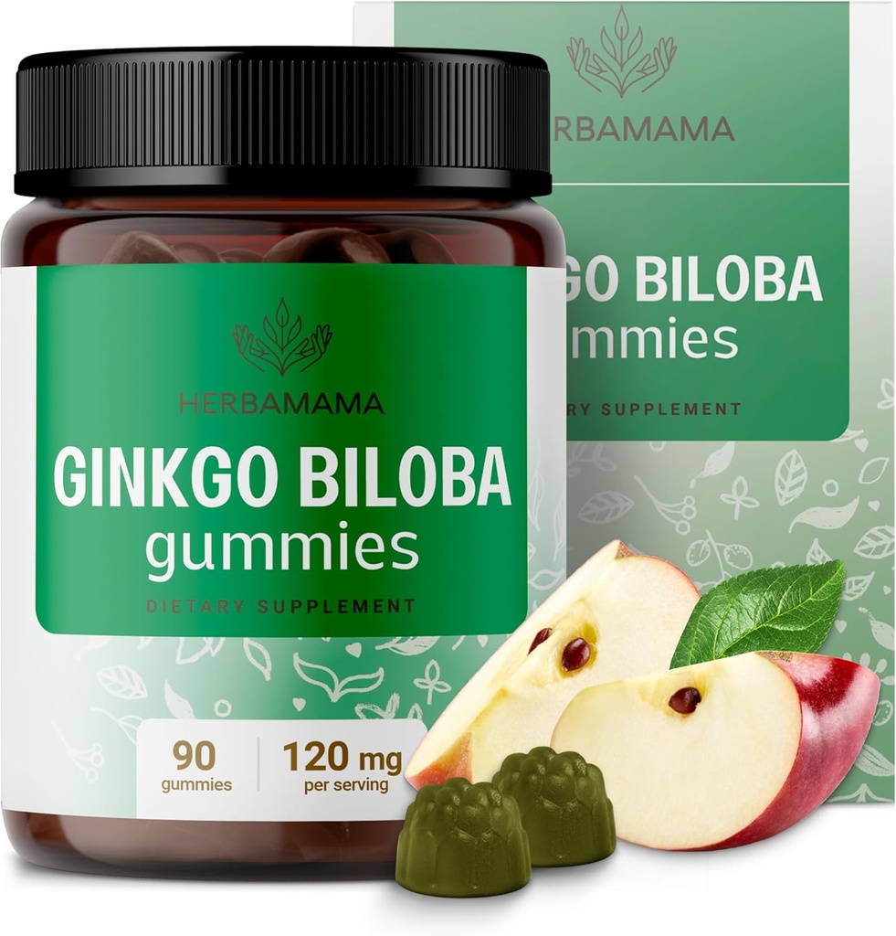 HERBAMAMA Ginkgo Biloba Gummies - 120mg Ginkgo Biloba Herb for Brain Support - Vegan, Non-GMO Brain Companies & Clarity - 90 Pectin- Beribased Applicated-Flavored Chews