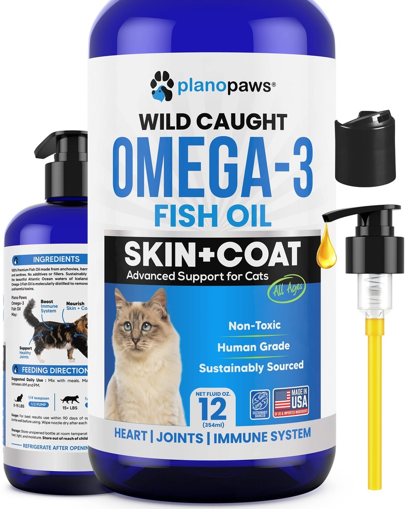 Omega 3 Fish Oil untuk Kucing - Lebih baik daripada Salmon Oil - Kitten & Cat Vitamin dan Suplemen - Cat Dandruff Treatment - Minyak Liquid Fish untuk Pets - Mencip Dukungan - Cat Kesehatan Untuk Semua Abad