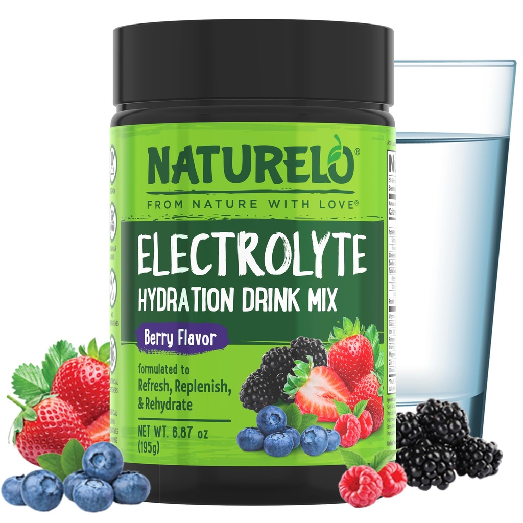 NATURELO Electrolite Powder, Hidration and Mineral Drink Mix, Sugar Free & Non-GMO Berry Flavor 50 Servis