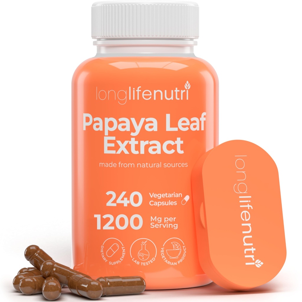 LongLifeNutri Papaya Extract Suplement 1.200mg per Serving - 240 Vegetarian Capsules, 4 Bulan Supply, dari Carica Papiya untuk Daily Wellness, GMP Certifikasi, dibuat di USA