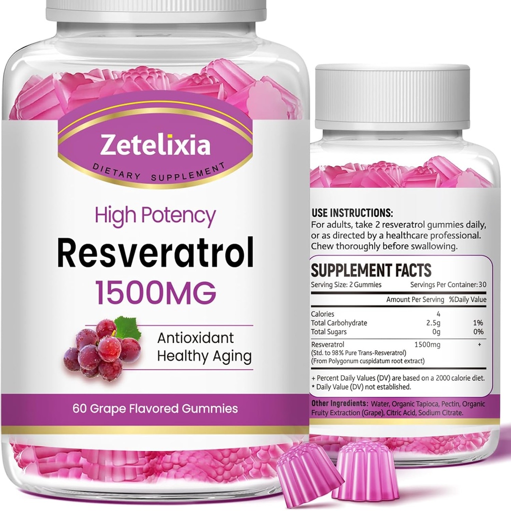 Sugar Free Resveratrol Gummies - Suplai Resveratrol Tinggi untuk Antioksidan, Penuaan Sehat, Skin, Otak, Organik - 120 Gummi