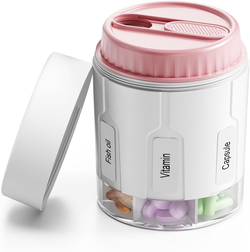 Daviky Pill Bottle Organizer, Penyelenggara Tambahan dengan 7 Kompartemen Besar, Kotak Pill Dispenser Round dengan Two Lids Fans Pink