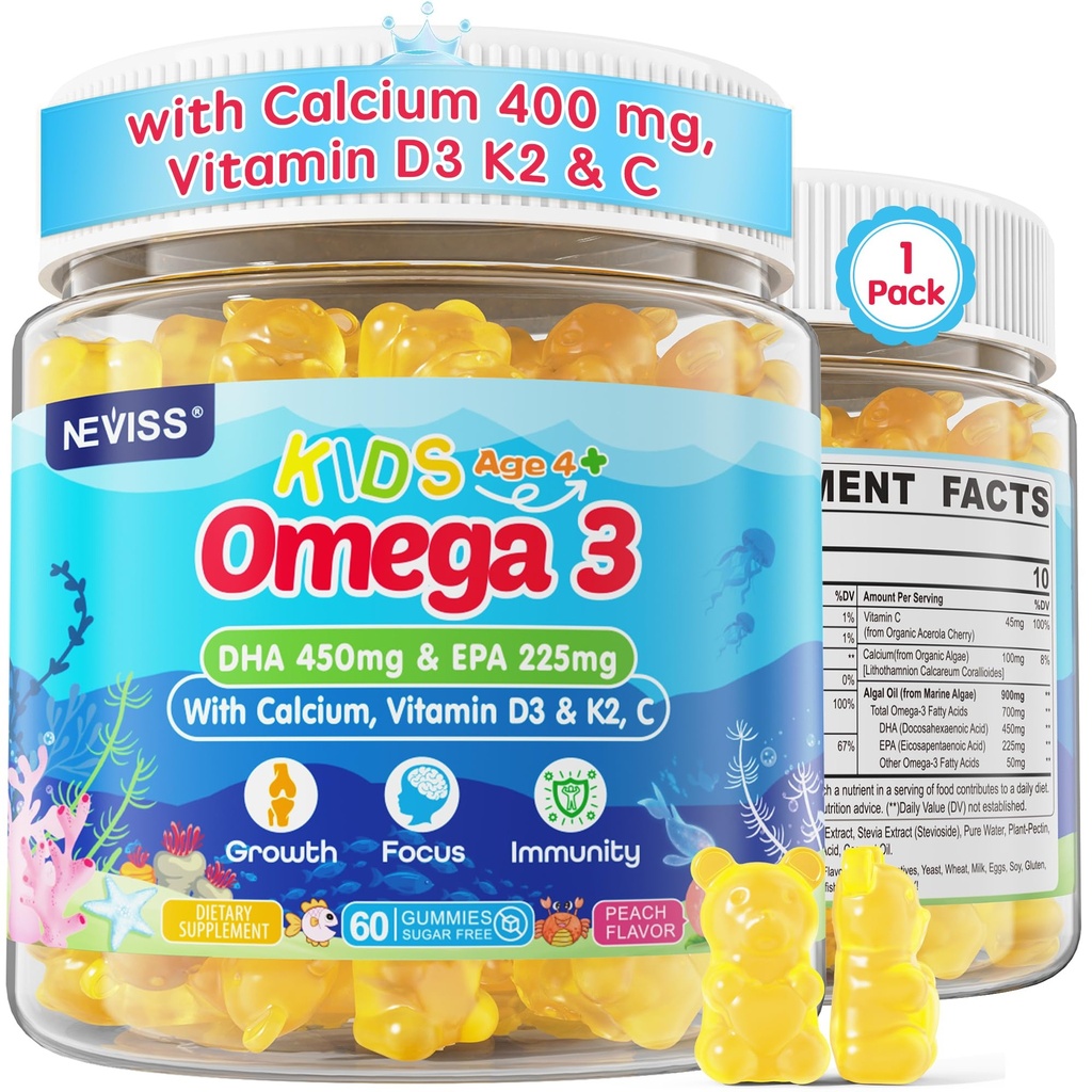 Anak-anak Omega 3 Gummies + Calcium 400mg + Vitamin D3 + C, Omega-3 DHA & EPA Suplemen - Tidak ada Burps Fish, No Sugar - Anak-anak & Teens Omlagia 3 + Multivitamin Gummy untuk Bones Kuat, Brain, Imune, Eye, 60Cts