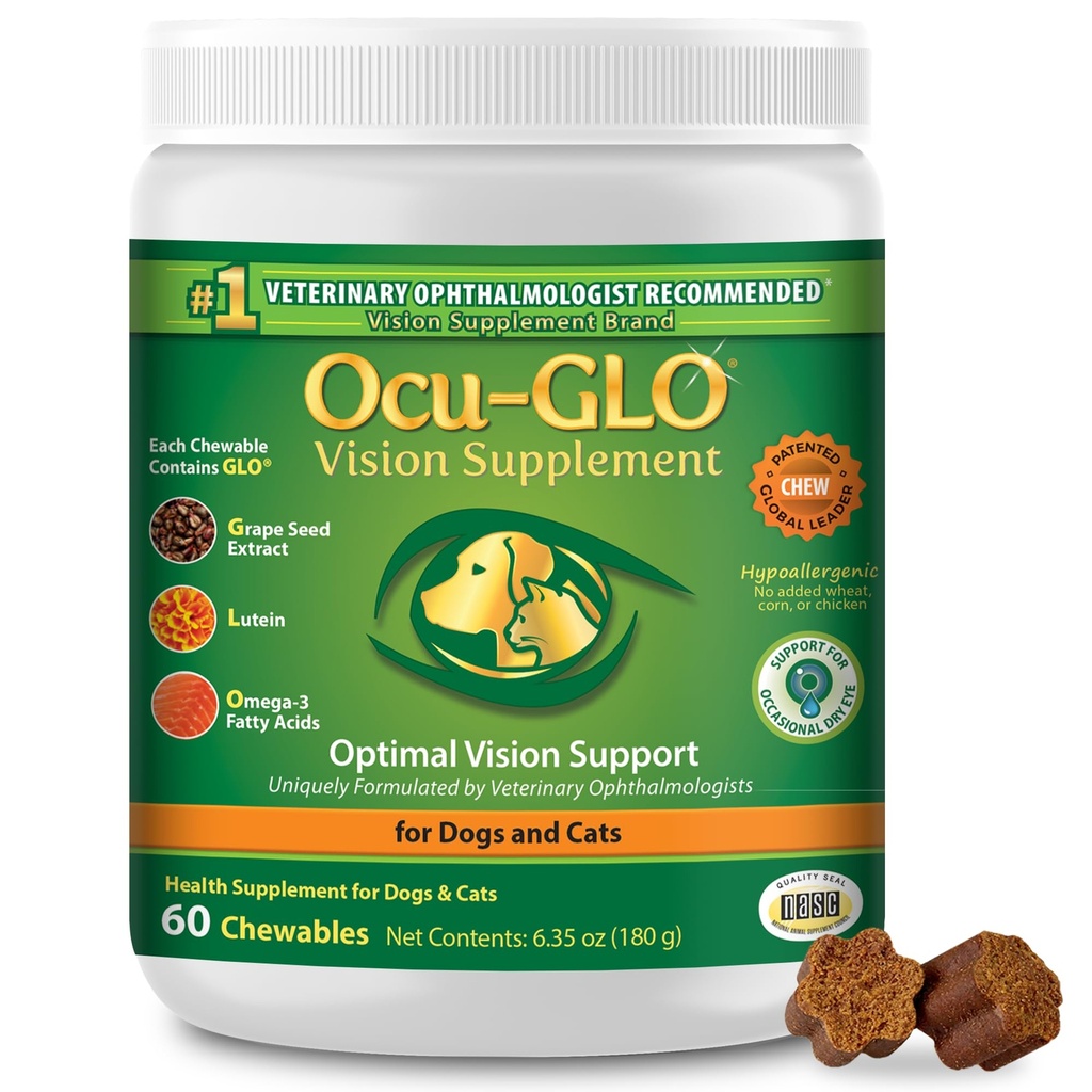 Tambahan Senior Ocu- GLO Cat & Dog untuk Dukungan Mata - Suplemen Visioner Vitamin Terchewable untuk Perawatan Pets Besar dan Kecil dengan Lutein, Omega- 3 Acids Gendut, Ekstrak Benih Grape & Antioksidan