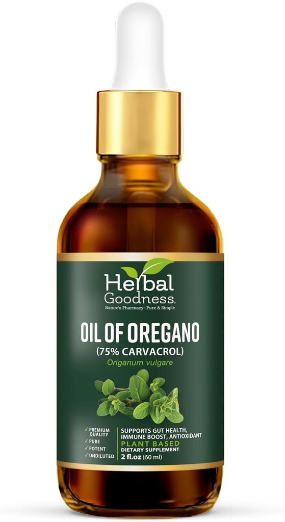 Herbal Good Oil of Oregano Drops 2 Flas oz - 75% Carvacrol with Virgin Olive Oil, Oregano Oil for Imune Support & Digetical Health, Esculons for Skin, Aceite de Oregano