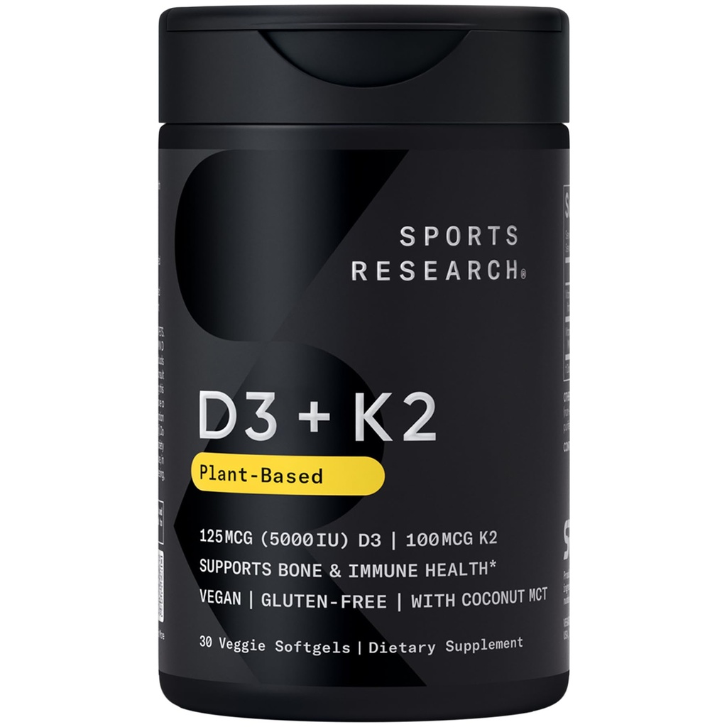 Vegan Penelitian Olahraga Vitamin D3 + K2 Tambahan dengan Minyak Koconut Organik - 5000iu Vitamin D dengan 100mcg Mk7 Vitamin K - Mendukung Calcium untuk Keselamatan Tulang & Immune Kesehatan - 30 Softgels untuk Dewasa
