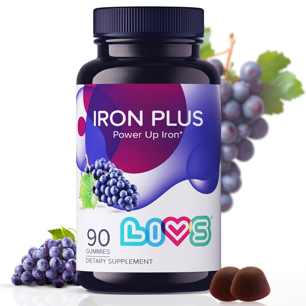 LiVS Iron Suplement for Women & Men with Vitamin C, A, B3, B5, B6, B12, Biotin, Zinc & Folate 124; Non-GMO, Gluten Free Chewable Suppplemen sebagai Gummy for Energy Boost & Anemia Dukungan - - 90 Cacah