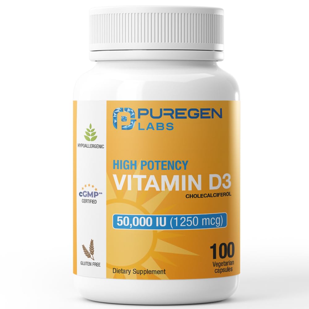 Lab Puregen Vitamin D3 50.000 IU (1250 mcg) 100 Weeks Supply for Healthy Muscle Fungsi, dan Dukungan Imune, Non-GMO, Gluten Free 100 Vegetable Capsules
