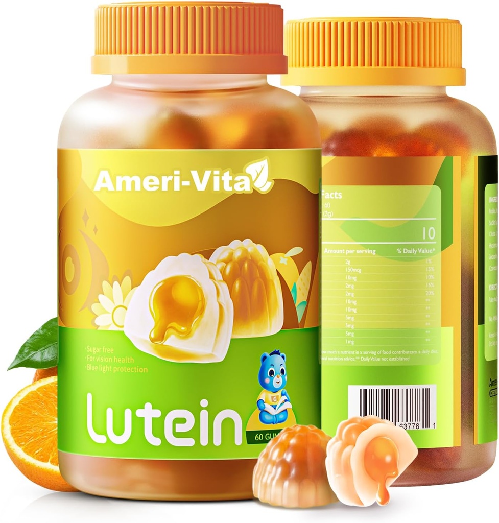 Sugar Free Lutein 5mg Gummies for Eyes Health: dengan 1mg Affxanthin, Suplemen Lutein Eye Vitamin Filed Gummies for Vision and Blue Light Protection, Orange Flavor, 60 Count