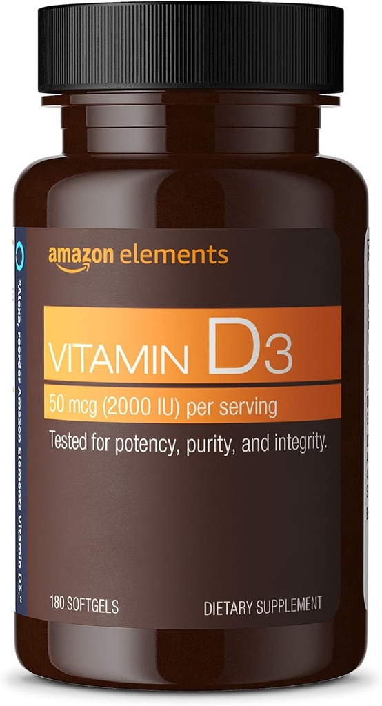 Elemen Vitamin D3, 2000 IU, 180 Softgel, 6 bulan persediaan (Paket mungkin bervariasi), Mendukung Bones Kuat dan Kesehatan Imune