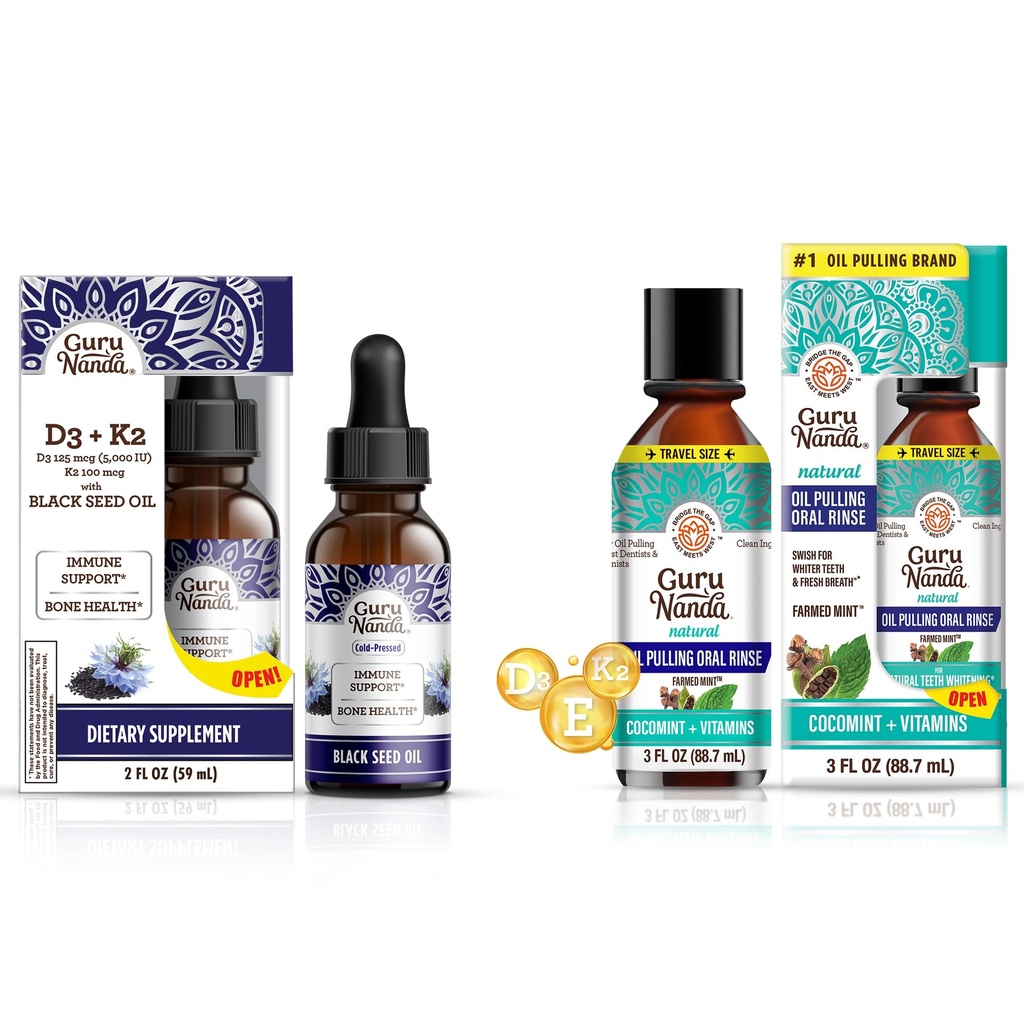 GuruNanda Minyak Benih Hitam 5000 IU Vitamin D3, K2 & E + Coconut Oil Pulling with Estimilar Oil D3, E, K2 for Immune Dukung, Oral Hygiene