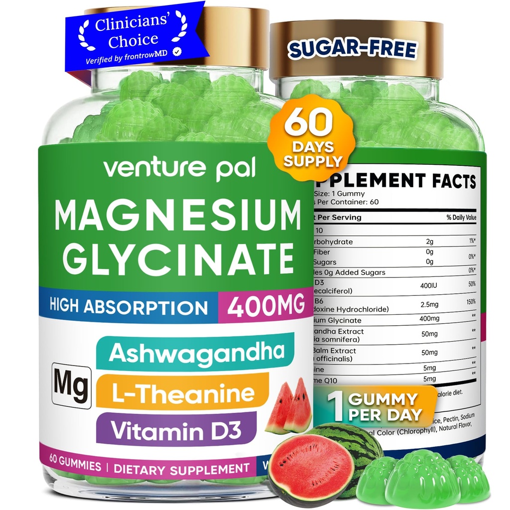 60 Hari Supply Magnesium Glycinate 400mg Gummies dengan Ashwagandha, L-Theanine, CoQ10, Vitamin D3 & B6, Sugar Free Magnesium Gummies untuk Dewasa & Anak-anak, Stress Relief, Sleakn & Vegan, Gluten Free