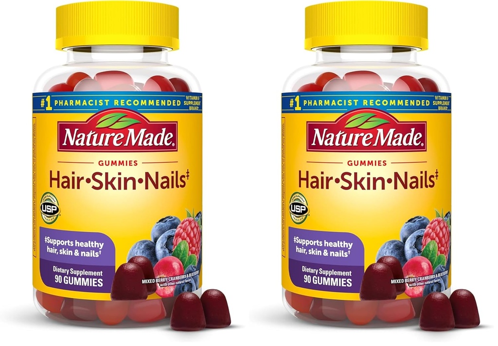 Nature Made Hair Skin and Nails with Biotin 2500 mcg, Dietary Supplement for Healthy Hair, Skin & Nails Dupport, 90 Gummies, 45 Day Supply (Paket 2)