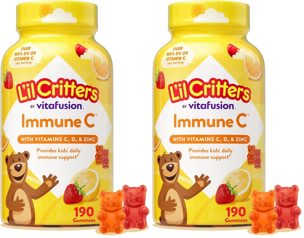 L 'il Critters Immune C Daily Gummy Tambahan Vitamin untuk Anak-anak, untuk Vitamin C, D dan Zinc untuk Dukungan Imune, Orange, Lemon dan Cherry Flavors, 190 Gummies (Paket 2)