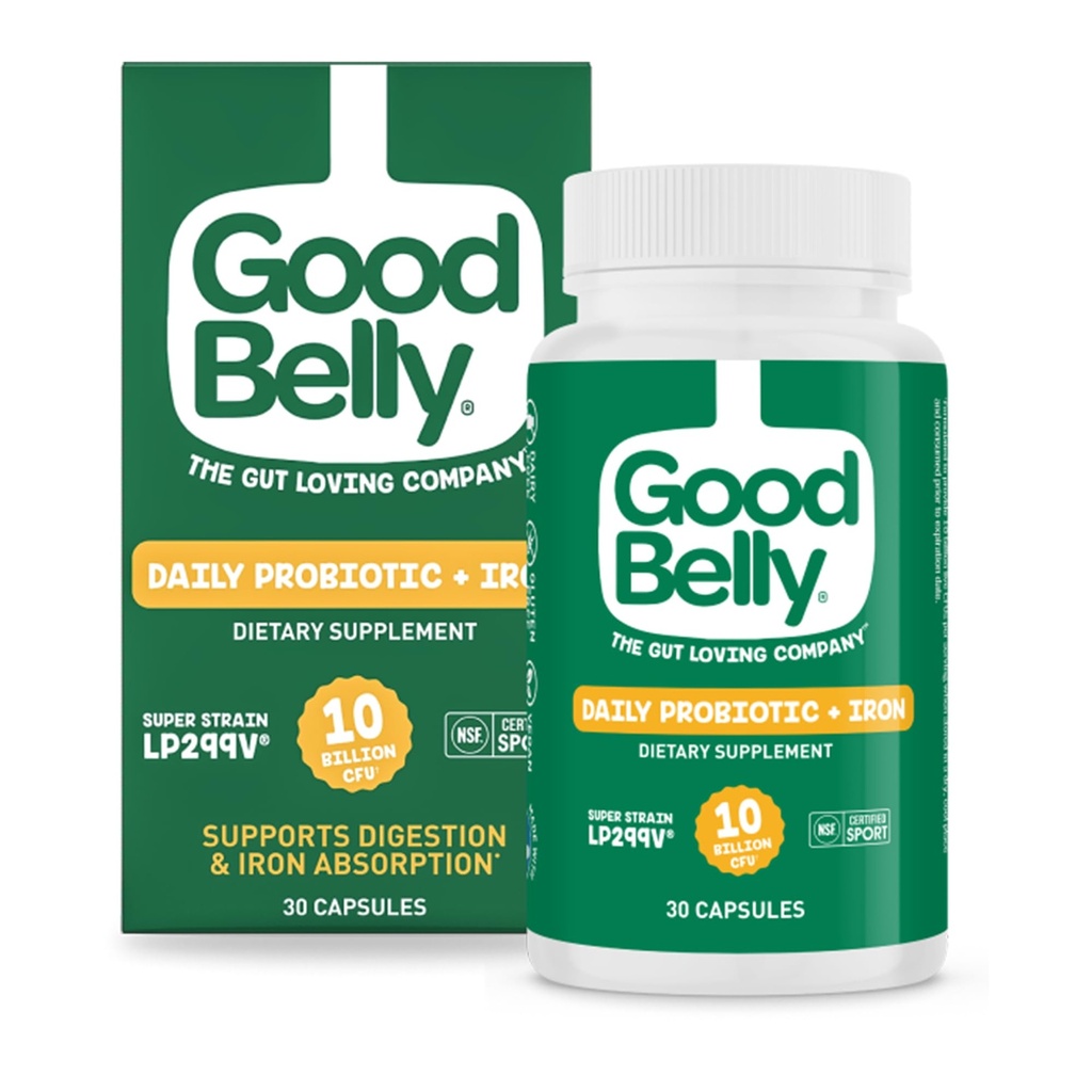 GoodBelly Probiotic Capsules for Digetical Health & Iron Absorpsi: 124; Vegan Probiotic Suplement with 10 Milyar Cultures Live 124; Programs for Women & Men 124; 30 Capsules