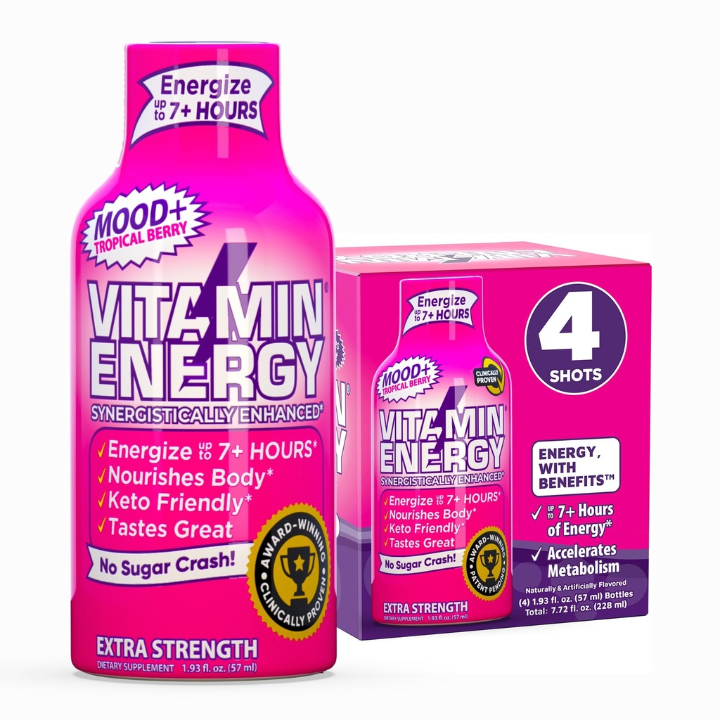 Vitamin Energy Mood + Extra Energy Shot Tropical Berry 4 Pack, 260mg Natural Caffeine, B-Vitamin, Rhodiola, Chamomile, Mood & Energy Duck, Zero Sugar, Gluten- Free, Vegan, 1.93 fl oz