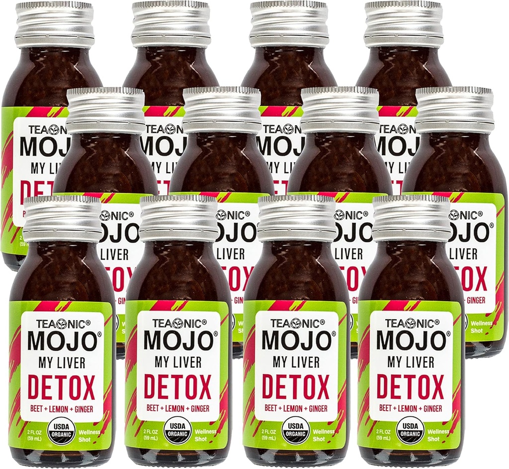 TEAONIC Detox, Wellness Mojo Shots with Black Pepper, Beet, and Lemon Juice, USDA- Certified, Caffeine Free, Gluten-Free, 2 Fl Oz, Pack 12
