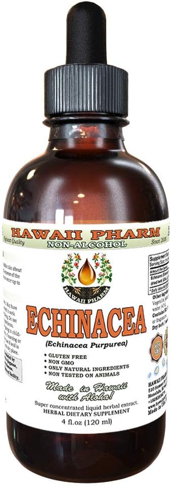 Echinacea Alcohol- Free Liquid Extract, Organic Echinacea (Echinacea Purpurea) Dry Herb Glycerite Hawaii Pharm Natural Herbal Supplemen 4 oz