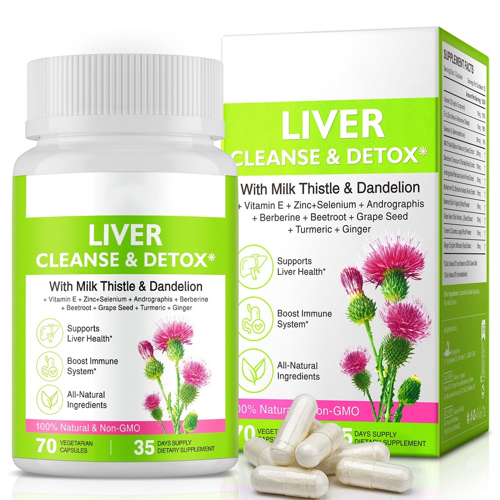 Liver Renew Cleanse Detox, Liver Cleanse Detox & Repair & Support 124; 70 Capsules 124; Herbal Suplemen untuk Kesehatan Liver; Milk Thistle Dandelion Root dengan 9 Herbal Mineral for Men & Women