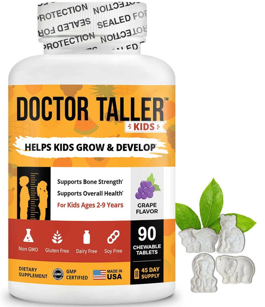 Doctor Taller Kids - Kids Multivitamin, Toddler Vitamin - Dukung Bone Stringers, Enhanced Imunity with Calcium, Multivitamin for Ages 2 sampai 9 - Grape Flavor - 90 Chewable Tablet 12.6 Weeks Supply