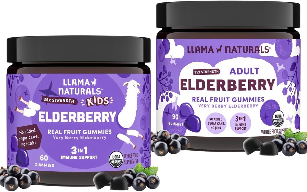 Llama Naturals Real Fruit Sambucus Elderberry Gummies for Kids & Adults 124; No Added Sugar Cane, Vegan, Organic Imune Dukung 126; Zinc & Natural Vitamin C 124; Plant